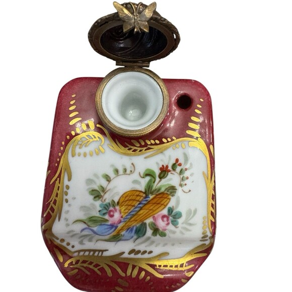 VTG Limoges by Chanille Hand-painted Porcelain Inkwell Pink Floral Gold Gilt - Picture 3 of 6